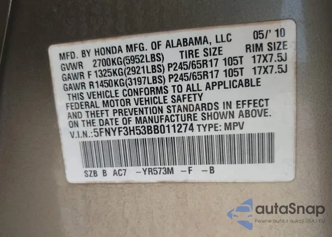2011 Honda Pilot Exl z USA, uszkodzony, nr VIN 5FNYF3H53BB011274